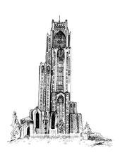 Load image into Gallery viewer, Black and white image of Pittsburgh University&#39;s Cathedral of learning
